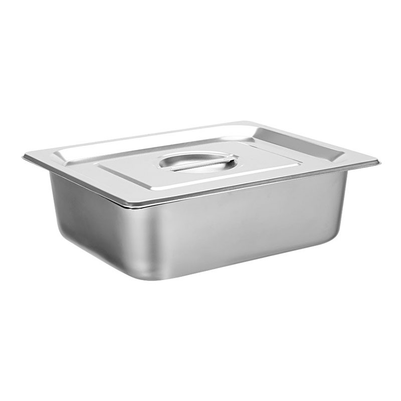 304 Stainless Steel Portion Basin Commercial Buffet Plate with Lid Square Basin Thickened Curled Rectangular Fraction Plate 1/1