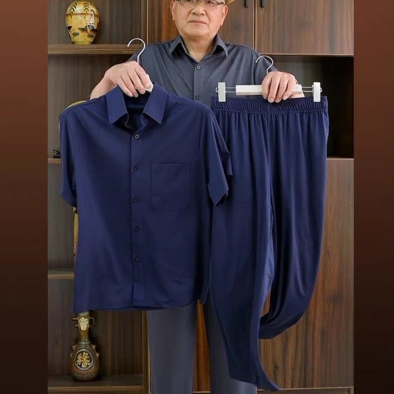 Middle-Aged and Elderly Men's Ice Silk Short-Sleeved Shirt Suit Summer Thin Shirt Dad Grandpa Elderly Loose Shirt