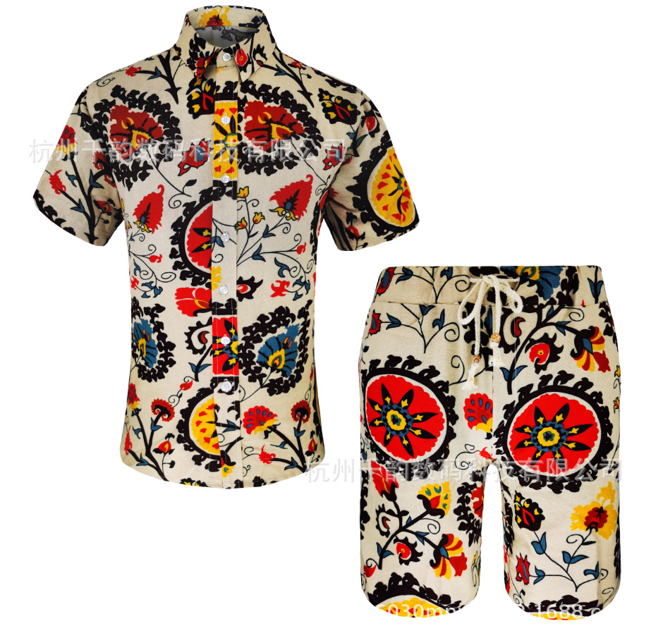 2025 New Foreign Trade Fashion Trendy Men's Loose Ethnic Style Short-Sleeved Shirt and Shorts Set One-Piece Wholesale