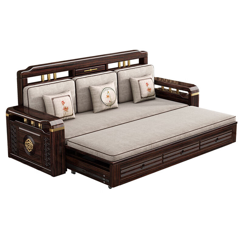 New Chinese-style Multi-functional Three-person Telescopic Bed New Purple Gold Sandalwood Solid Wood Folding Dual-purpose Sofa for Small Apartment
