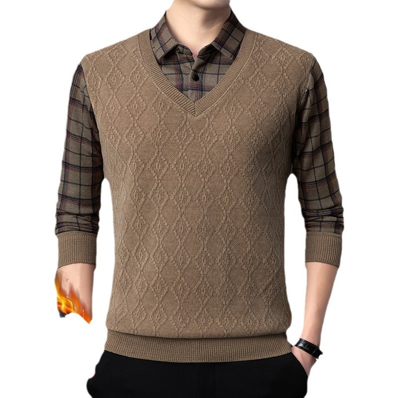 [fleece-lined European velvet cotton] 2024 new men's autumn and winter fake two-piece sweater for middle-aged and elderly fathers sweater backing