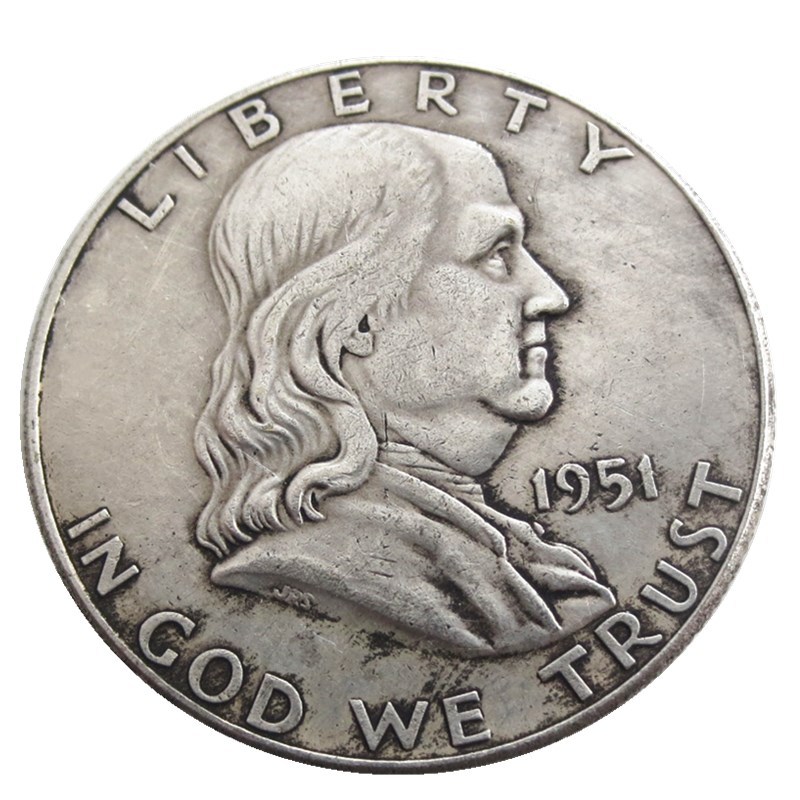 Antique Crafts P Version American Half Dollar Franklin Coin Brass Silver-Plated Commemorative Coin Round Box