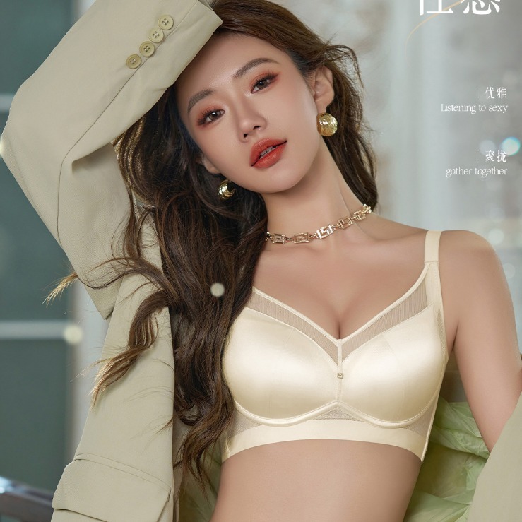 French-style Satin Mesh Medium-thick Cup Bra Women's Mulberry Silk Non-steel Ring Gathering Lace Top Top High-grade Red Underwear