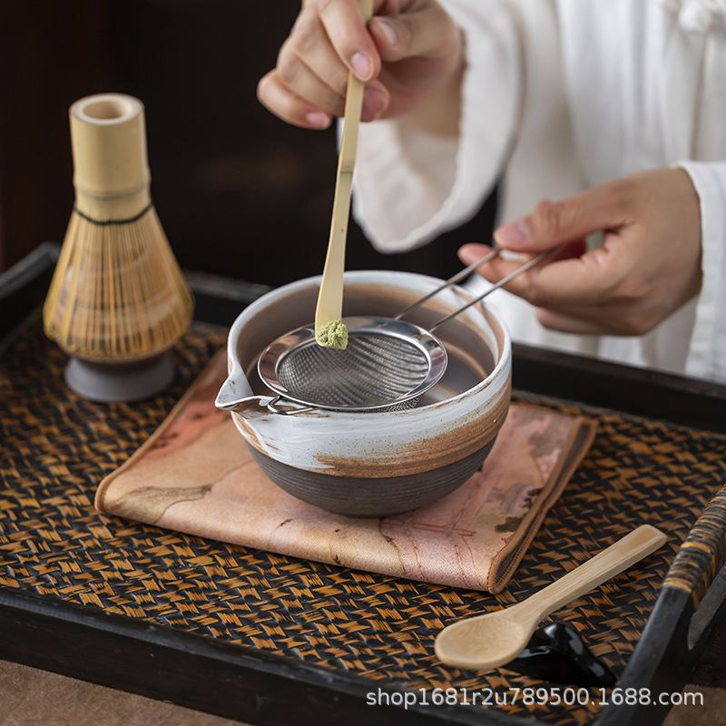 Stoneware Matcha Bowl with Spout, Ceramic Tea Set Accessories, Tea Whisk Stand Set, Japanese Tea Ceremony, Song Dynasty Tea Art Creativity