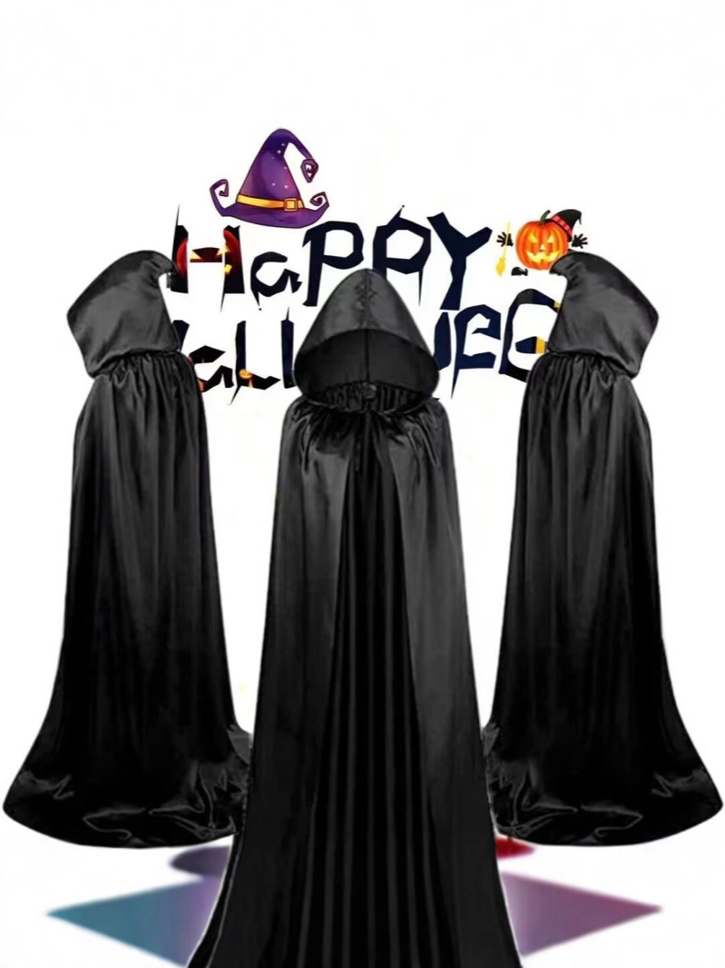 Хэллоуинский плащ для детей и взрослых, сатиновый плащ с капюшоном, черный плащ смерти