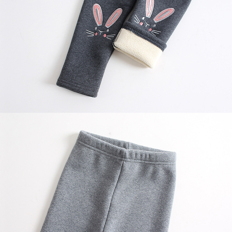 Winter Girls' Fleece-Lined Thick Leggings Pure Cotton Children's Autumn and Winter Pants Cartoon Rabbit Embroidery Baby Long Pants