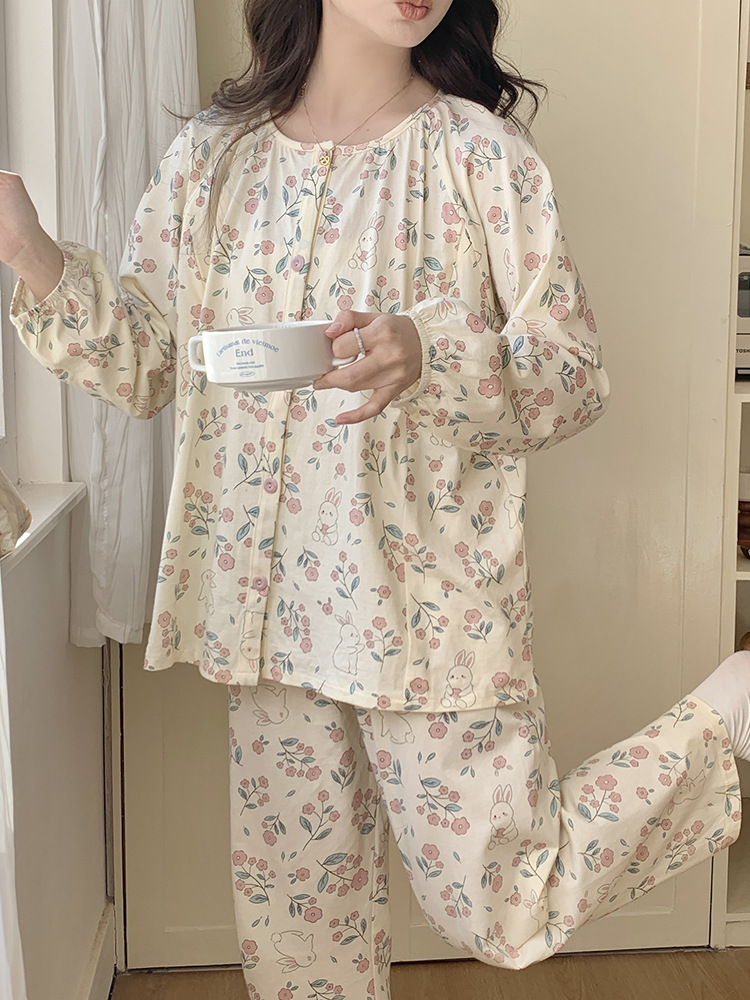 7A Antibacterial Maternity Pajamas Class a Pure Cotton Confinement Clothes Spring and Autumn August Postpartum Maternity Breastfeeding Home Clothes