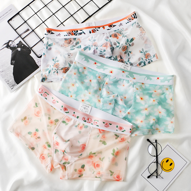 Summer thin men's underwear mesh transparent boxer sexy breathable printed boxer shorts head waist wholesale