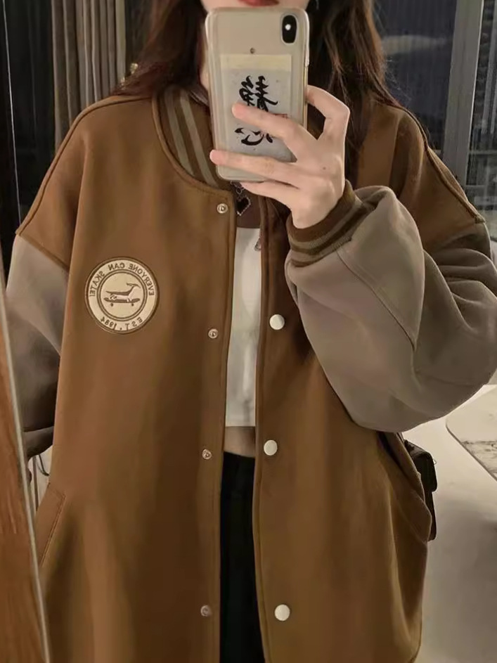 Cross-Border Lazy Style Baseball Jacket Women's Autumn and Winter Velvet Thickeneded Retro Loose Casual Cardigan Sweatshirt Ins Trend