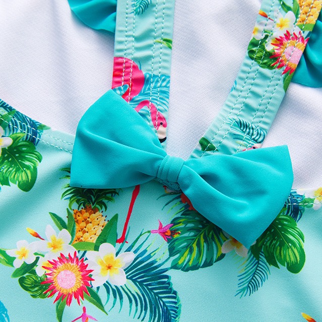 New Girls Swimsuit Flamingo Print Children's Swimsuit with Shoulder Straps and Ruffles All-In-One Swimsuit