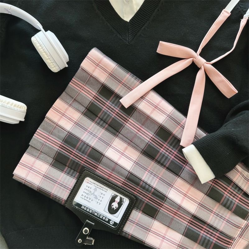 [Powder Fog Sea] jk Uniform Original Lattice Skirt Academic Style Women's Pleated Skirt Skirt Black Powder Student