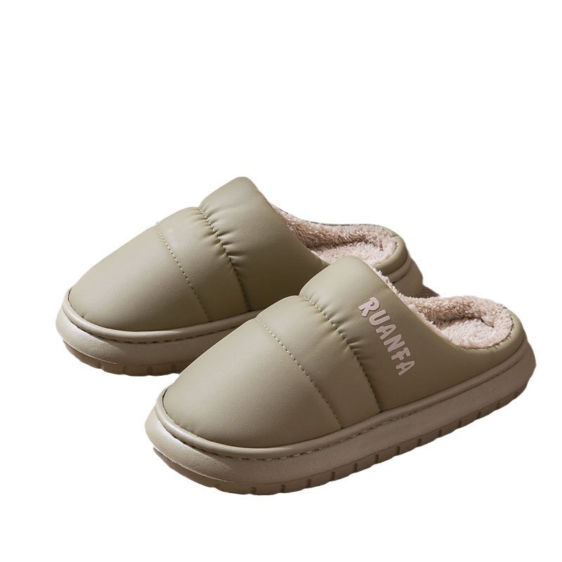 Down Cloth Waterproof Cotton Slippers for Men's Winter Indoor Home Non-Slip Warm Couple's Home Thick Bottom Plush Cotton Slippers for Women