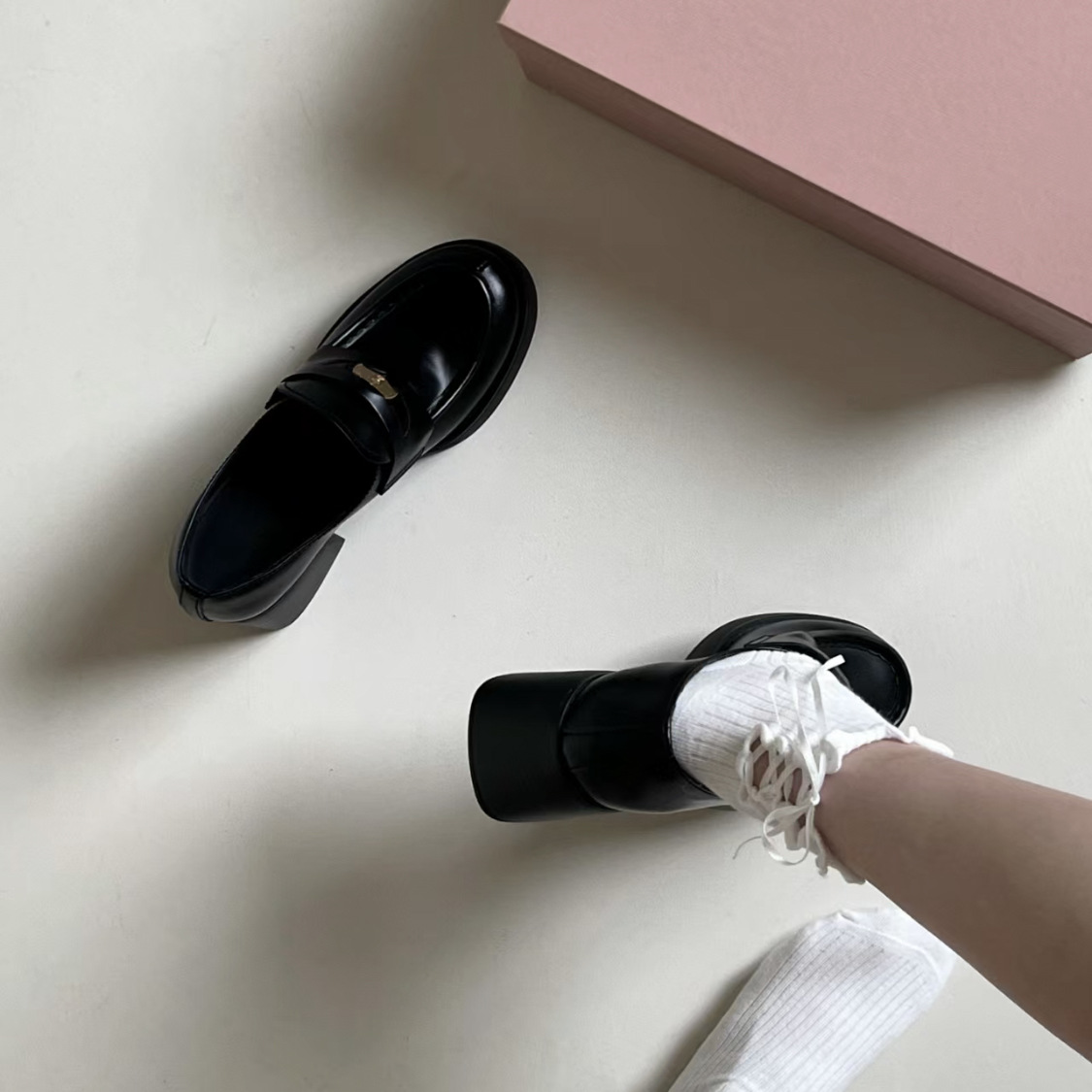 Sheepskin Version ~ Genuine Leather British Style Small Gold Coin Slip-On Thick Heel Thick-Soled Loafers Women's High-Heeled Flats Small Leather Shoes