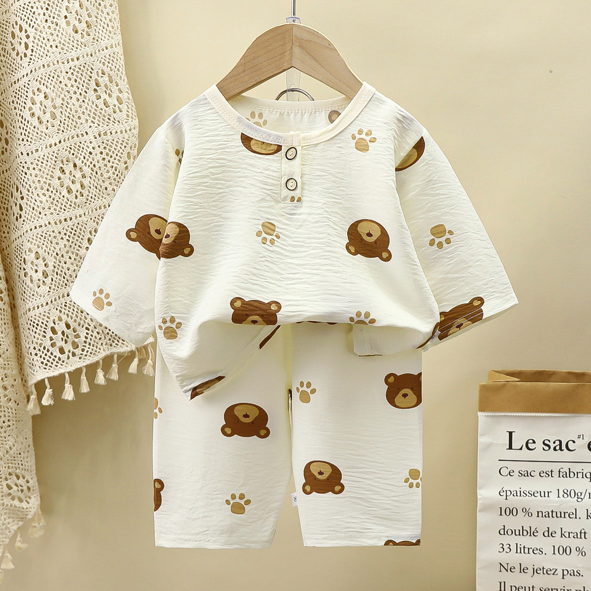 Children's Popular Summer Home Clothes Set with Mid-Sleeve for Boys and Girls, Cloud Cotton Thin Air-Conditioned Clothes, Mid-Pants, Casual Pajamas