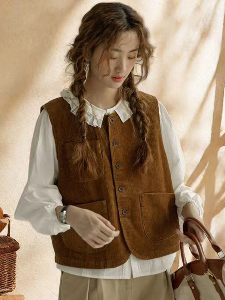 Жилет из кордюроя в японском стиле для женщин, новый ретро безрукавный жилет 2025 года