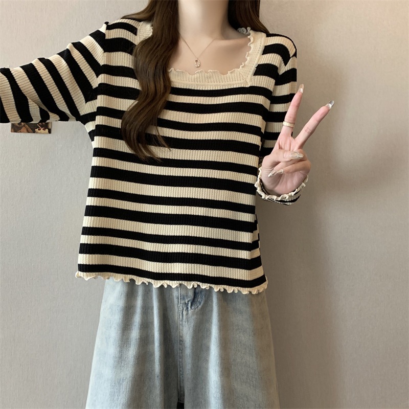 plus size women's clothing 2025 spring and autumn new fat sister square collar striped long sleeve T-shirt belly covered wood ear knitted jacket