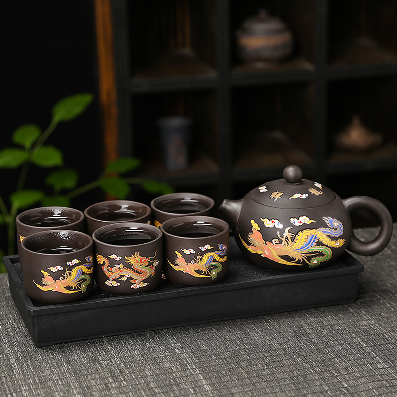 Cross-border Hot Sale Handmade Chinese Style Hot in Water Longfeng Xishi Pot Purple Sand Teapot Kung Fu Tea Set suit Dragon Pot