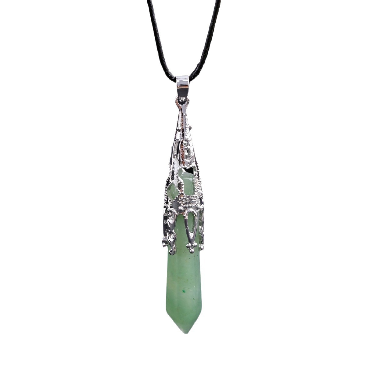 Cross-Border Hot Selling Natural Stone Pink Crystal Green Aventurine Amethyst Single Pointed Hexagonal Conical Pendulum Pendant Wholesale Inlay
