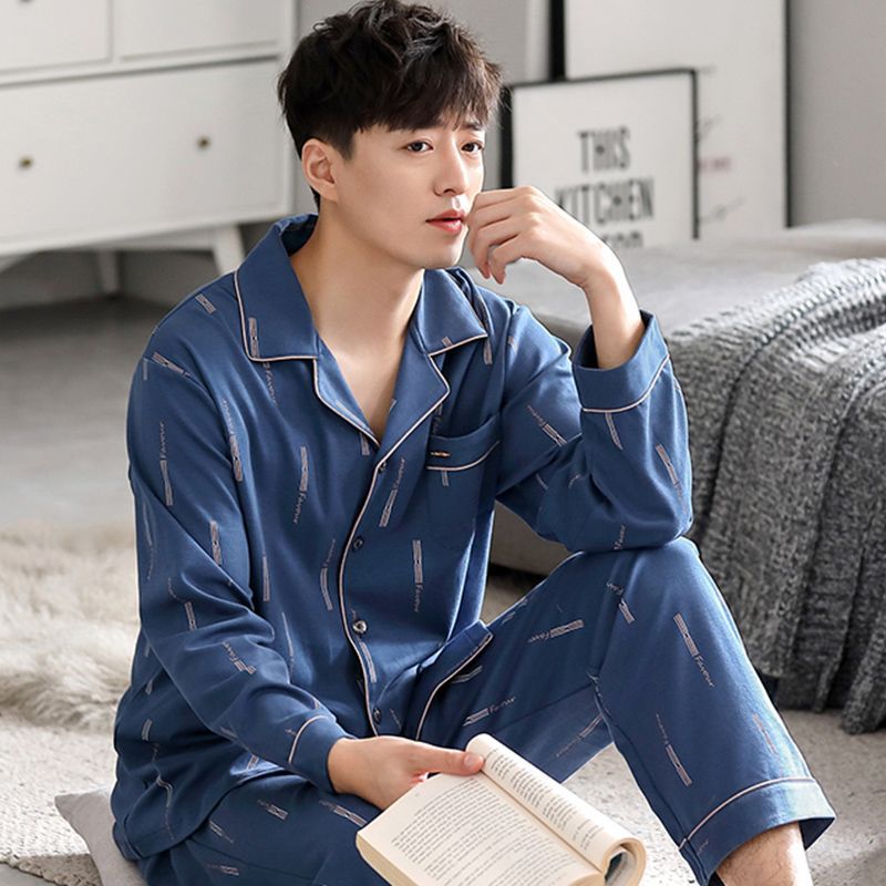 Men's Pajamas, Men's Spring and Autum New Autum Pure Cotton Long-Sleeved Home Clothes, Men's Autum and Winter Thin Suits
