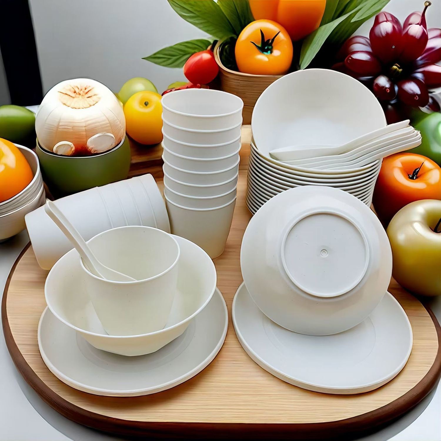 Rice Husk Disposable Tableware Food-Grade Environmentally Friendly Tableware Set Thickeneded and Biodegradable Four-Piece Set for Banquets and Weddings