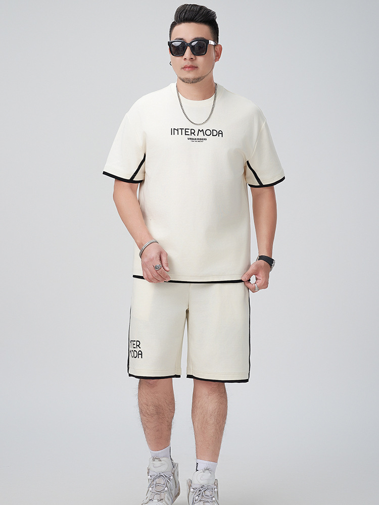 [Breaking Code] Plus Size Men's Summer Foam Printed Fake Two-Piece Loose Short-Sleeved Shorts American Casual Suit for Men