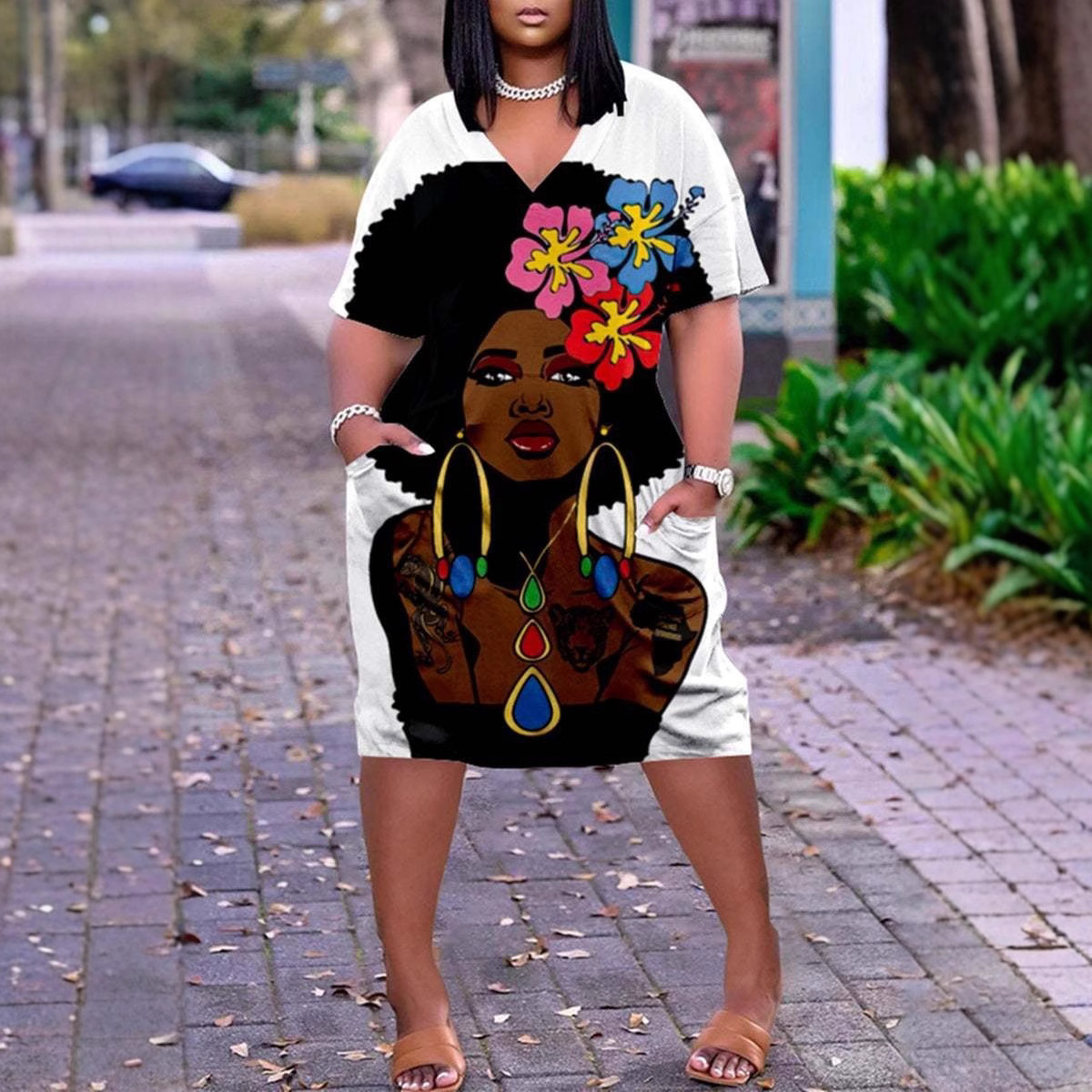 029 New 3D Printed NFL Fashion Women's Dress Loose European and American Women's V-neck Mid-sleeve Internet Celebrity Large Size Dress