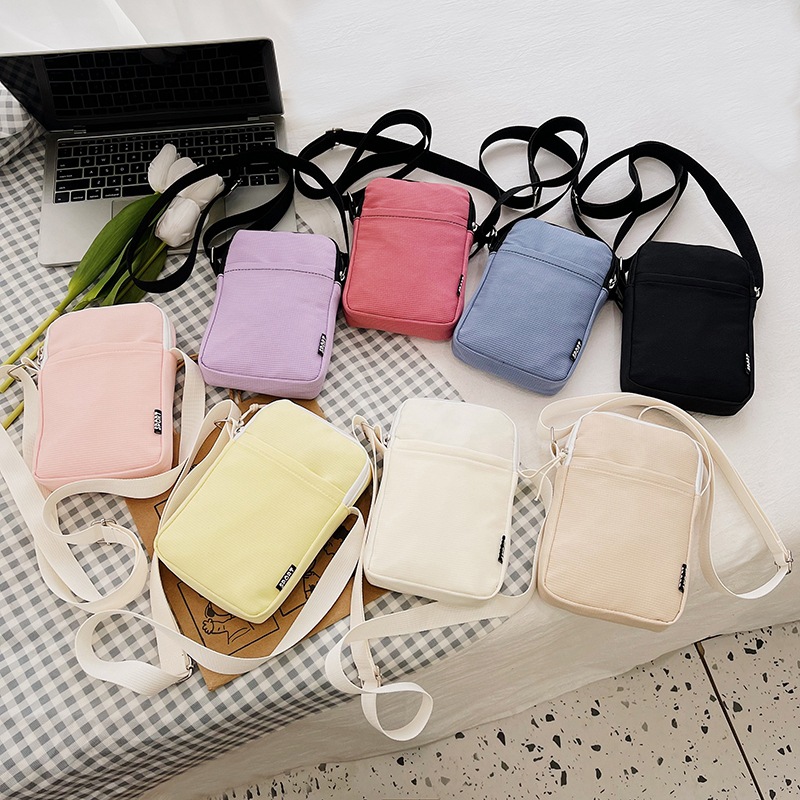 Solid Color Mobile Phone Bag Women's Shoulder Bag Sweet Crossbody Mini Student Small Bag Korean Coin Purse Vertical Canvas in Hand