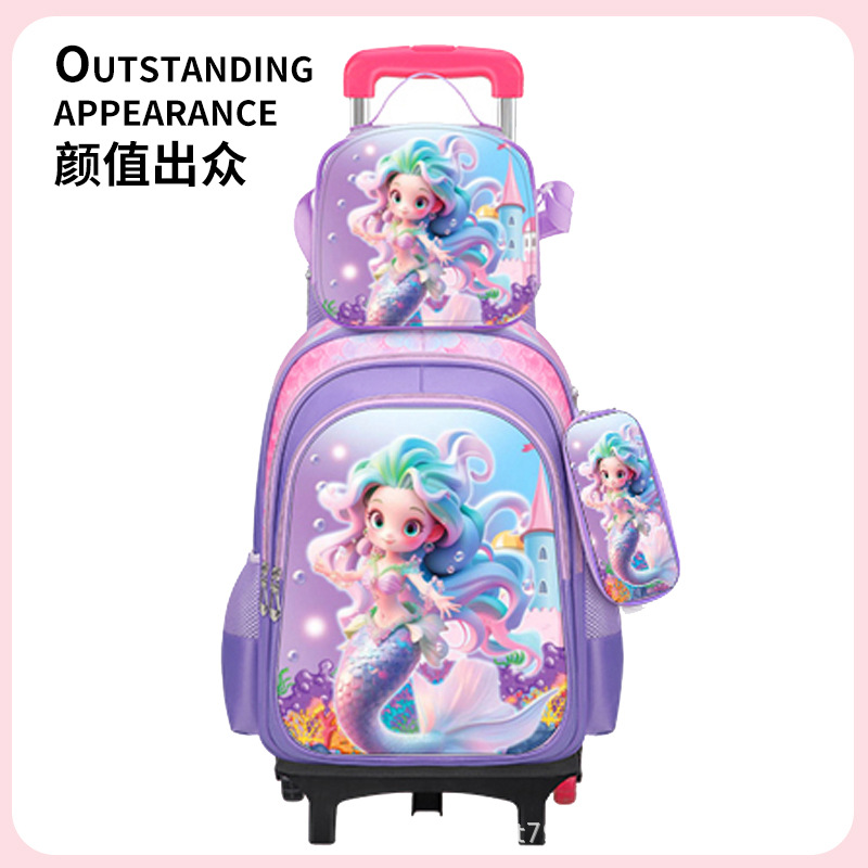 Factory in stock primary school students universal wheel pull rod school bag lunch bag pen bag three piece children cute cartoon bag