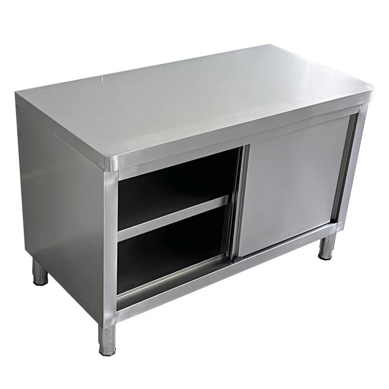 304 stainless steel rounded corner workbench sliding door console storage kitchen countertop chopping board stove cutting table