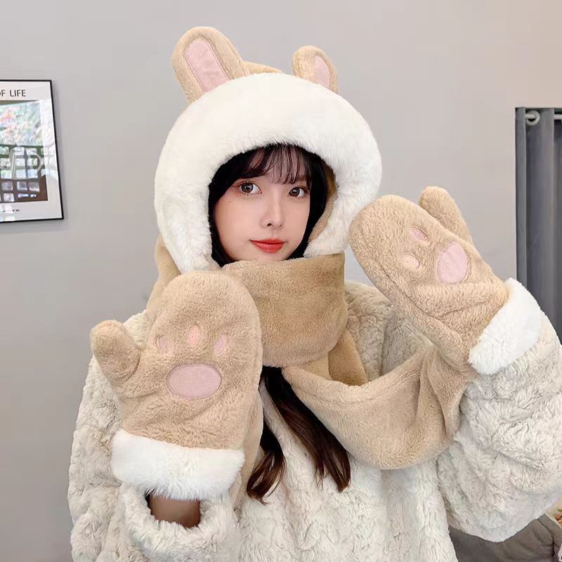 Winter high-value cute Korean student bear hat scarf one-piece gloves three-piece warm hat wholesale