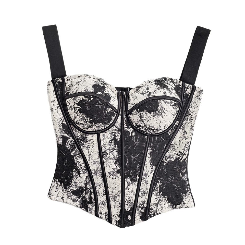 French Jacquard Fishbone Strapless Top Pure Outer Wearing New Country Style Ink Painting Para-breasts Strong Pressure Waist Fishbone Corset
