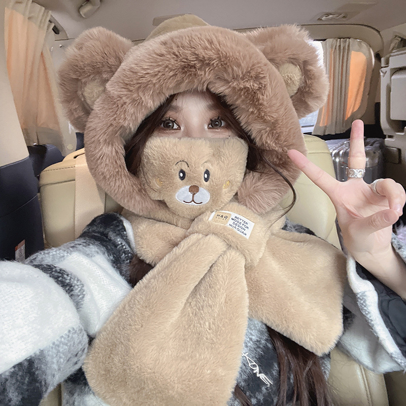 Strawberry Bear Hat Winter Scarf One-piece Thickened Warm Plush Multi-piece Set Explosion Windproof Cold Bike Necessary