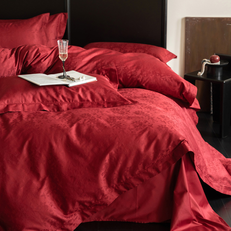 Modern Light Luxury Style Cotton Jacquard Wedding Four-piece Set Big Red 100S Pure Cotton High-end Quilt Cover Bed Sheet Accompanying