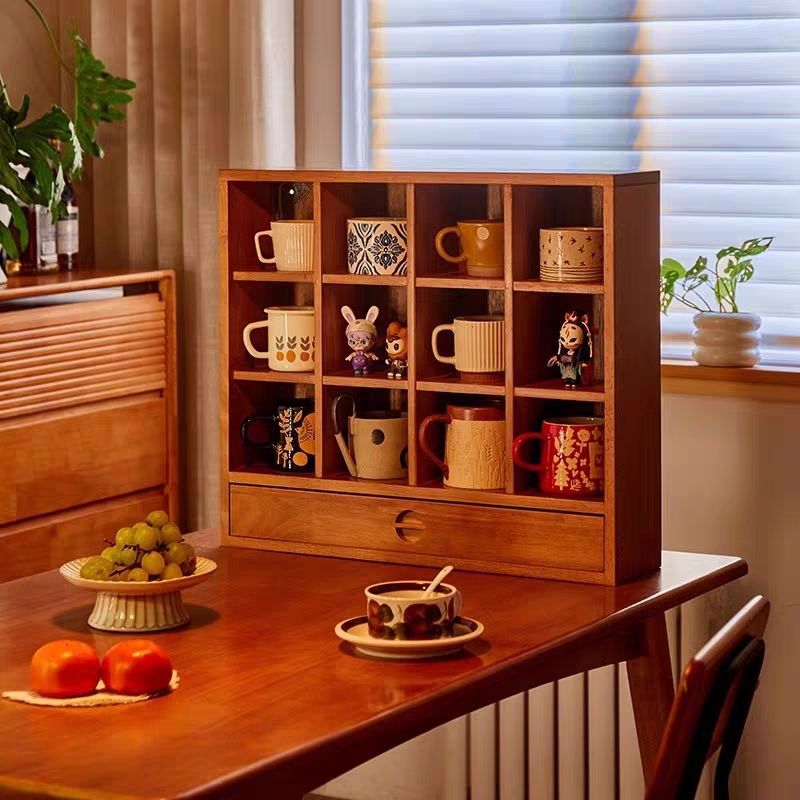 Japanese-Style Solid Wood Cup Holder Grid Cup Rack Display Cabinet Multi-Treasure Cabinet Coffee Cup Storage Rack Mug Monno