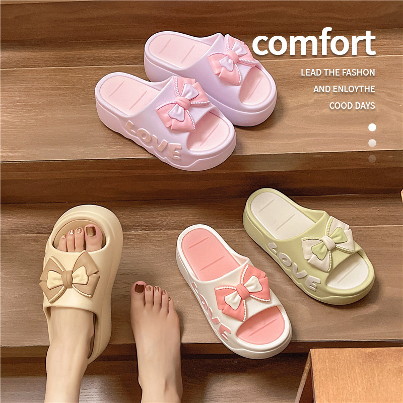 Women's Thick Slippers for Summer Indoor Household Fashionable Bow Ins Style Height-increasing Sandals and Slippers for Bathroom Non-slip Outer Wear
