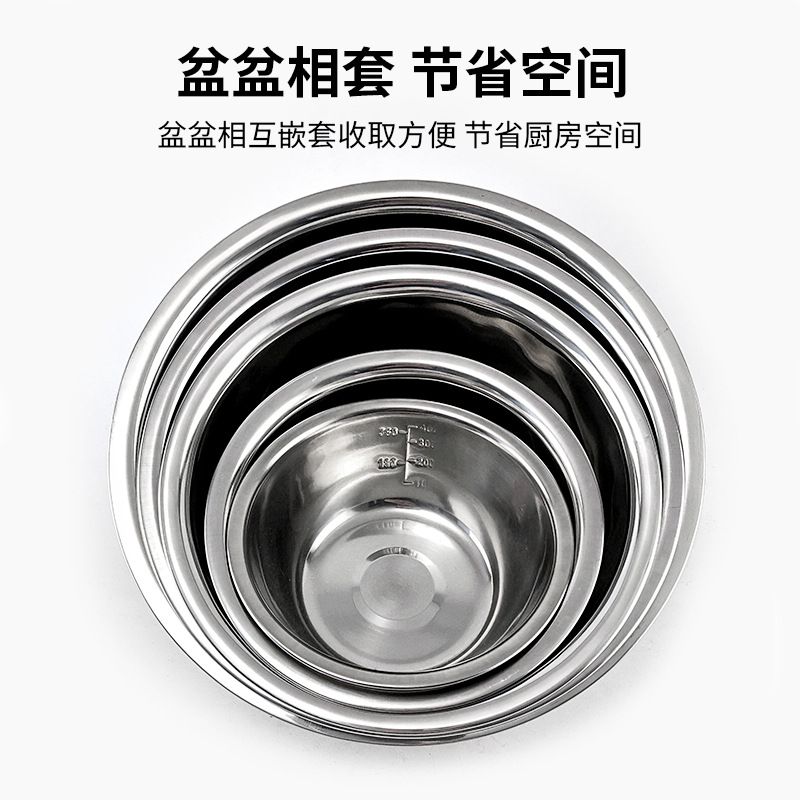 Stainless Steel Basin with Scale Salad Basin Mixing Basin Five-Piece Set Thickeneded Seasoning Jar and Noodle Canteen Soup Basin Vegetable Basin