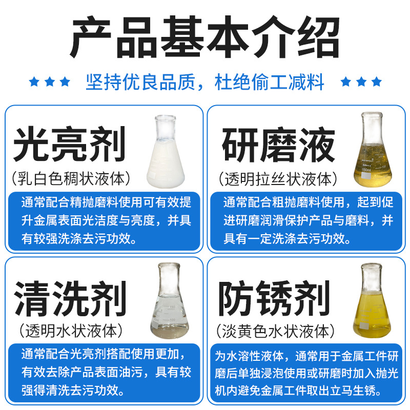 Vibrating Machine Grinding Liquid Brightener Stainless Steel Copper Iron Steel Aluminum Alloy Zinc Alloy Cleaning Anti-Rust Agent Polishing Special