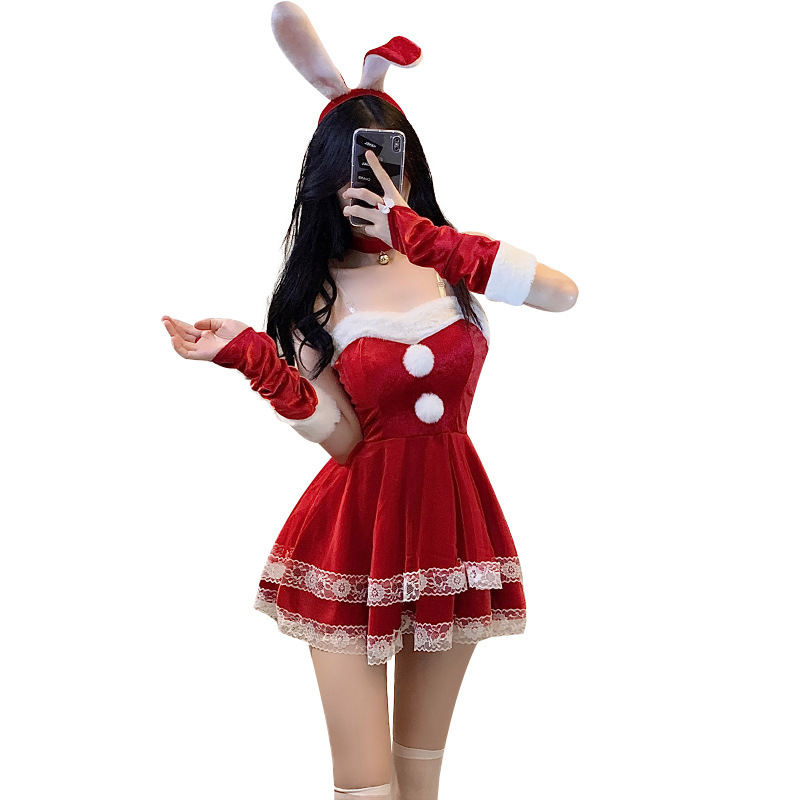 Xian Yi Sexy Christmas Dress Red Pure Desire Lace dress suit New Year's Robe Cosplay Uniform Female S3
