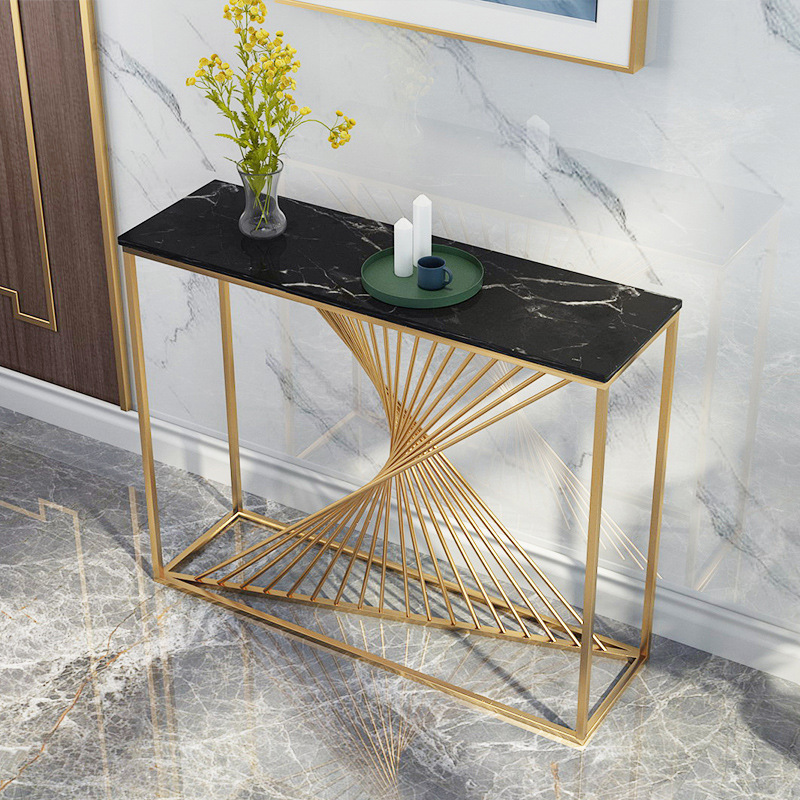 Nordic Golden Marble Entrance Table Wall Strip Light Luxury Simple Entrance Table Corridor Away Iron Decoration Gold