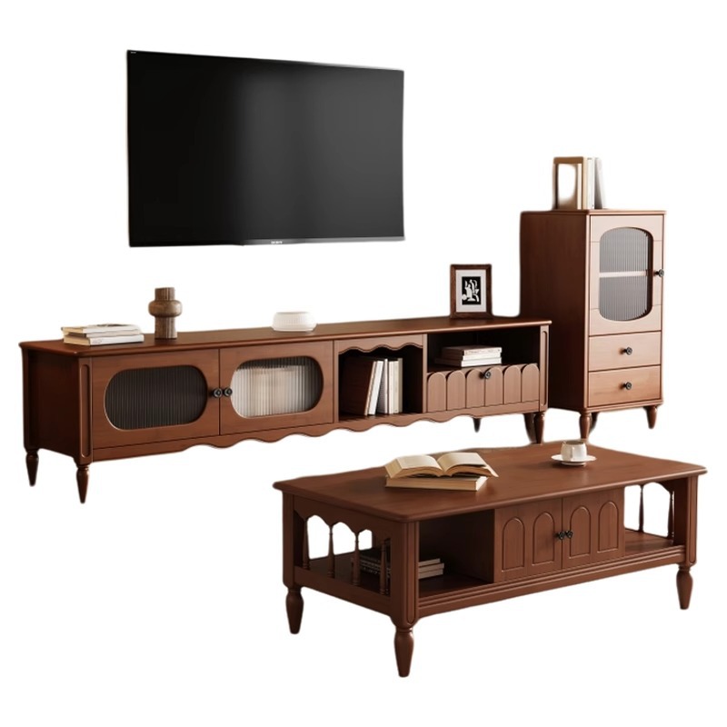 Solid Wood Coffee Table Tv Cabinet Living Room Combination High-End Storage Round Coffee Table Floor Cabinet Sideboard Light Luxury High-End