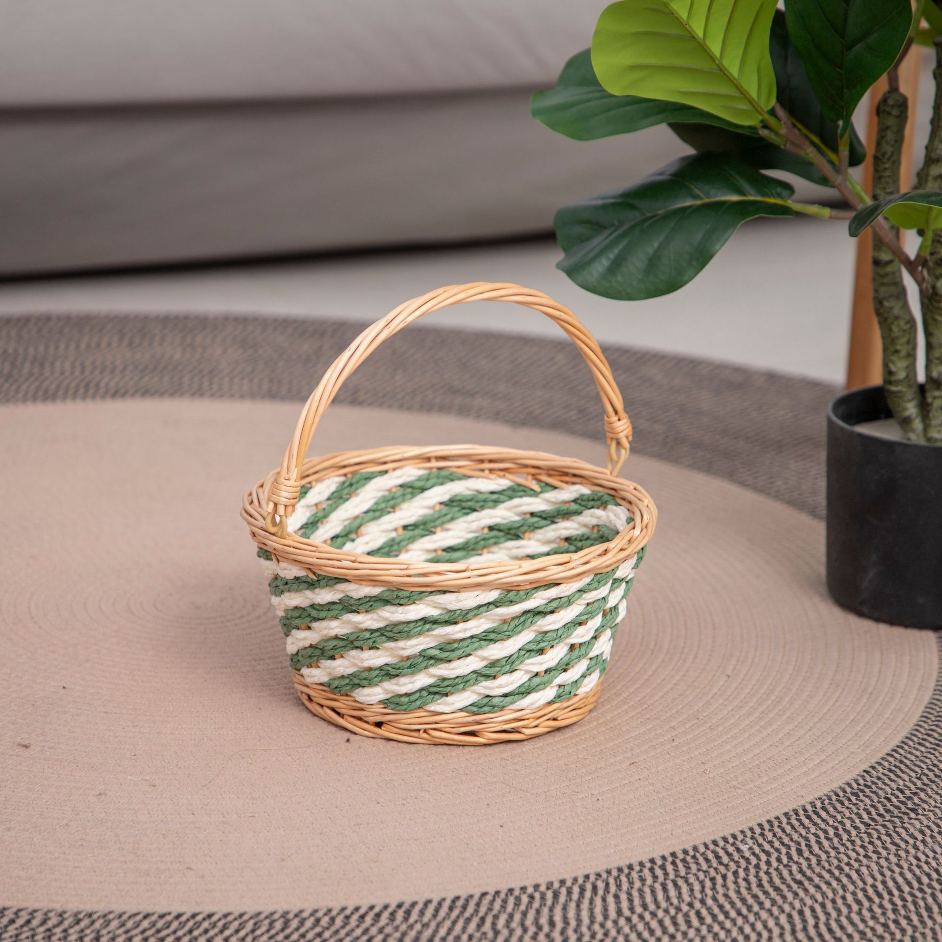 Customized Cross-Border Hot-Selling Green Rice Double-Color Paper Rope Live Handle Storage Basket Nordic Style Wicker Handmade Hand Basket