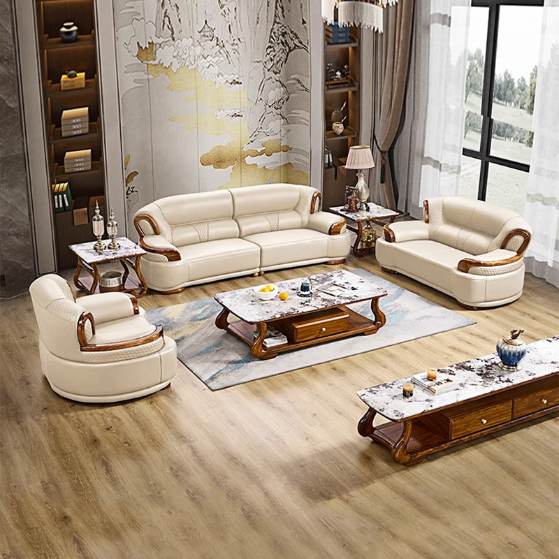 New Chinese style ebony leather sofa combination solid wood large and small apartment luxury living room light luxury villa furniture