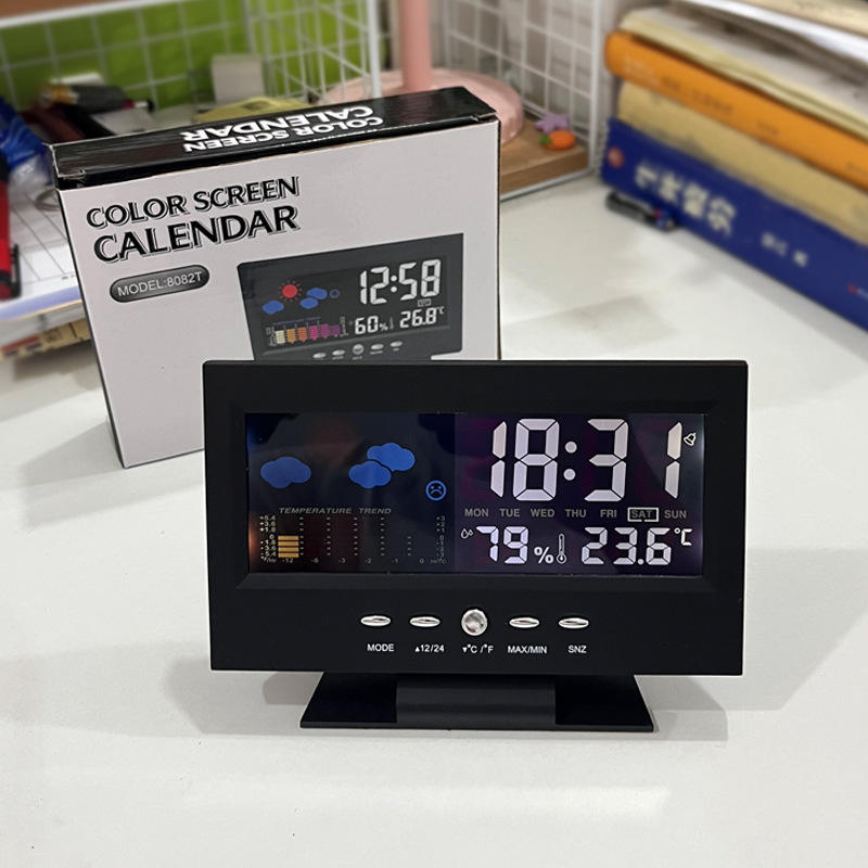 Cross-Border Large-Screen Weather Clock 8082t Weather Clock Color Screen Display Temperature and Humidity Home Voice-Activated Digital Alarm Clock