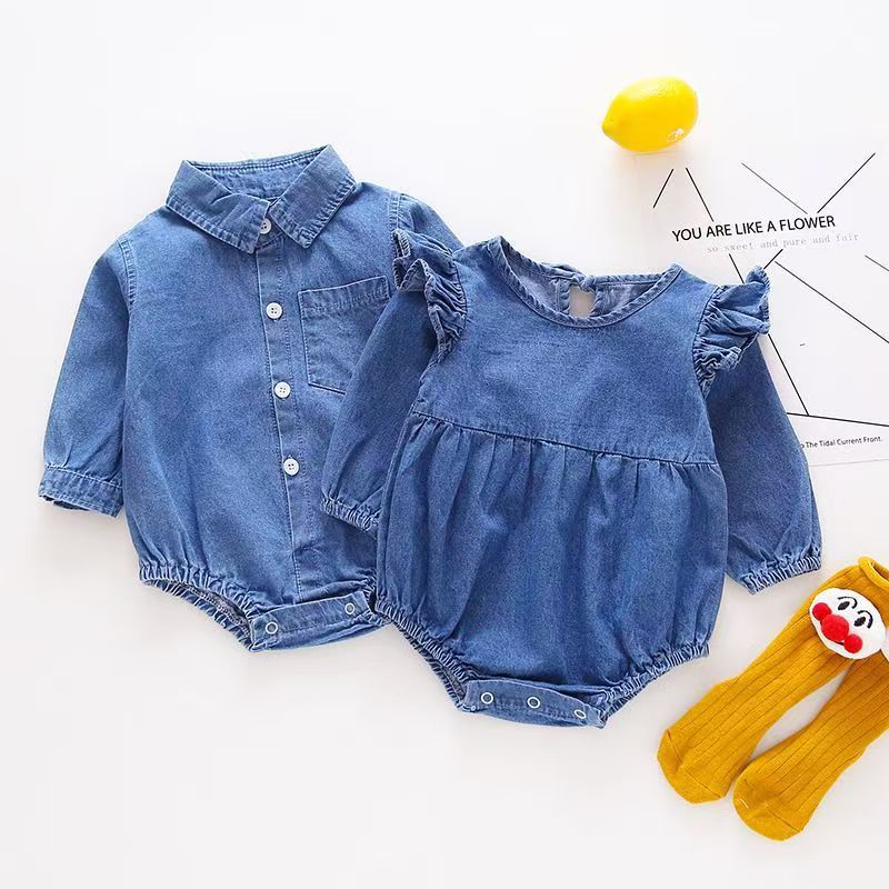 Amazon Autumn and Winter Triangle Long-Sleeved Baby Shirt Collar Denim Brother and Sister Outfit Triangle Crawler Suit