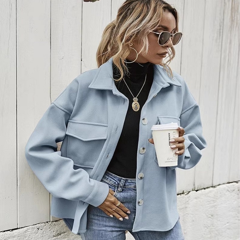 Cross-border Women's European and American New Fashion Solid Color Single-breasted Woolen Coat Casual Coat Lapel Loose Women's Top