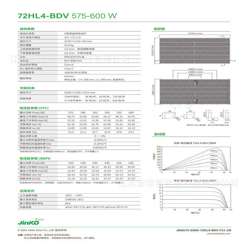 Jinko/Jinko Double Glass Solar Photovoltaic Module 72Hl4-Bdv575-605W