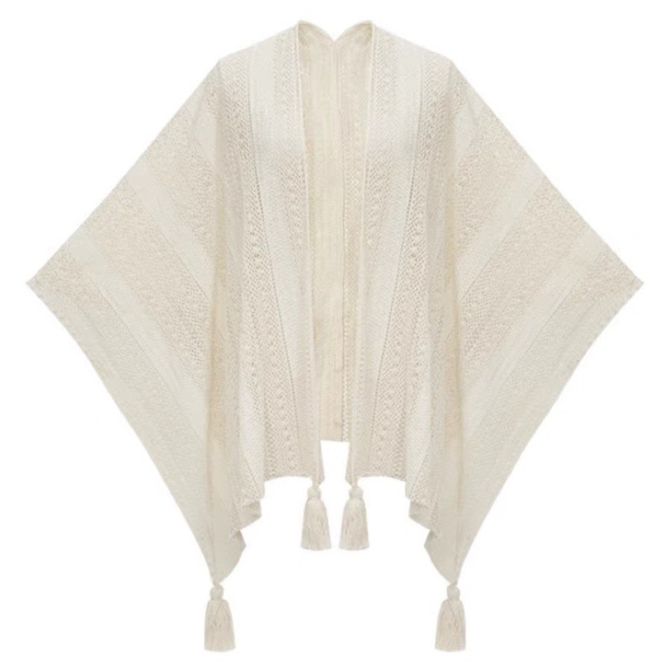 Retro Ethnic Style Versatile Cut Out Tassel Cardigan Sun Protection Shawl All Year Round Elegant Niche Shawl with Cheongsam Protection
