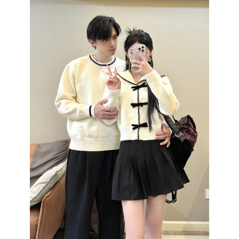 2024 Spring and Autumn Navy Collar College Style Bow Knitted Cardigan Women's Couple Sweater Men