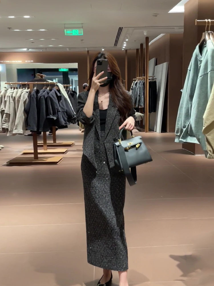 2741 plus size Women's High-end Shiny Suit Jacket Women's High Waist Slimming Split Skirt Two-piece Set