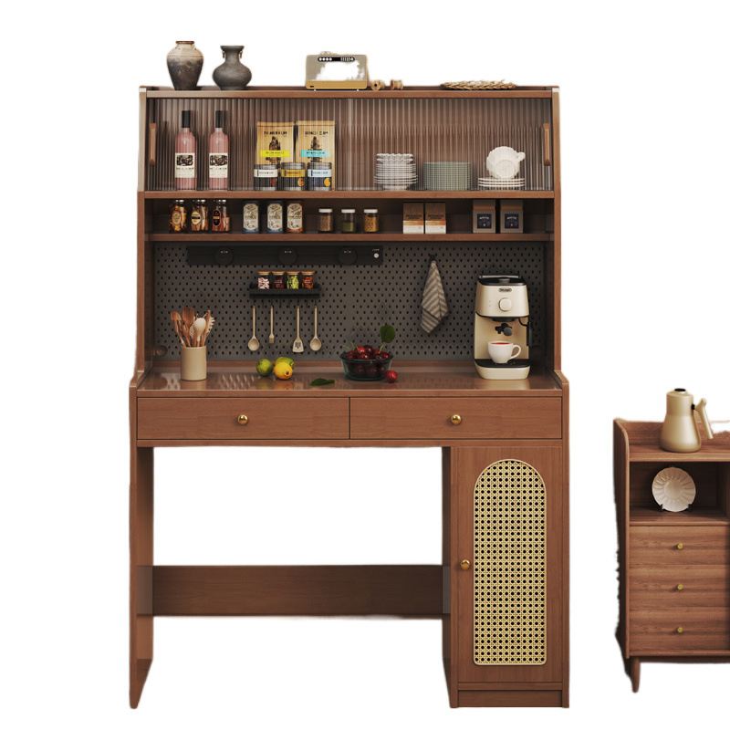 Antique Walnut Folding Sideboard Retractable Small Apartment Invisible Dining Table Embedded Integrated Dining Table and Chair